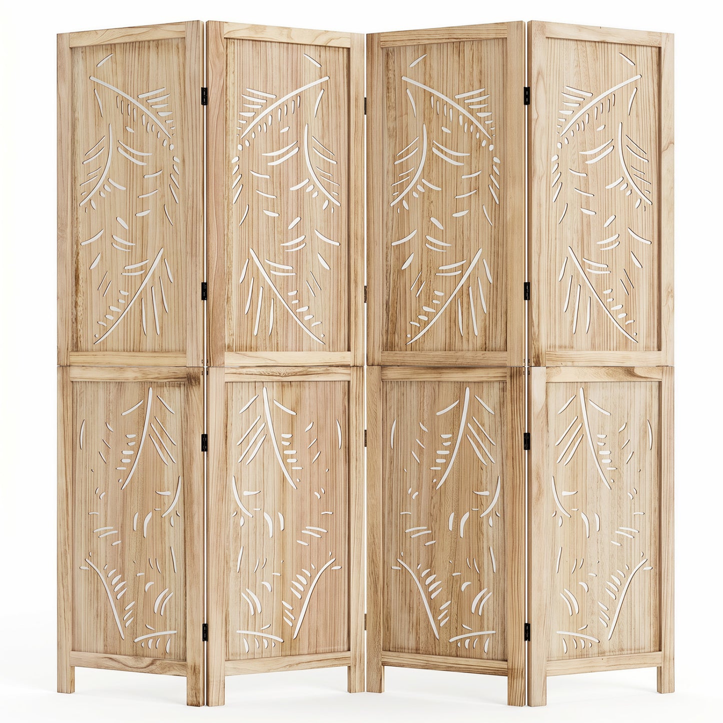 4-Panel Wooden Room Divider with Palm Leaf Design & Paulownia Frame for Home