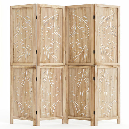 4-Panel Wooden Room Divider with Palm Leaf Design & Paulownia Frame for Home