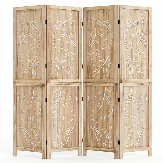 4-Panel Wooden Room Divider with Palm Leaf Design & Paulownia Frame for Home