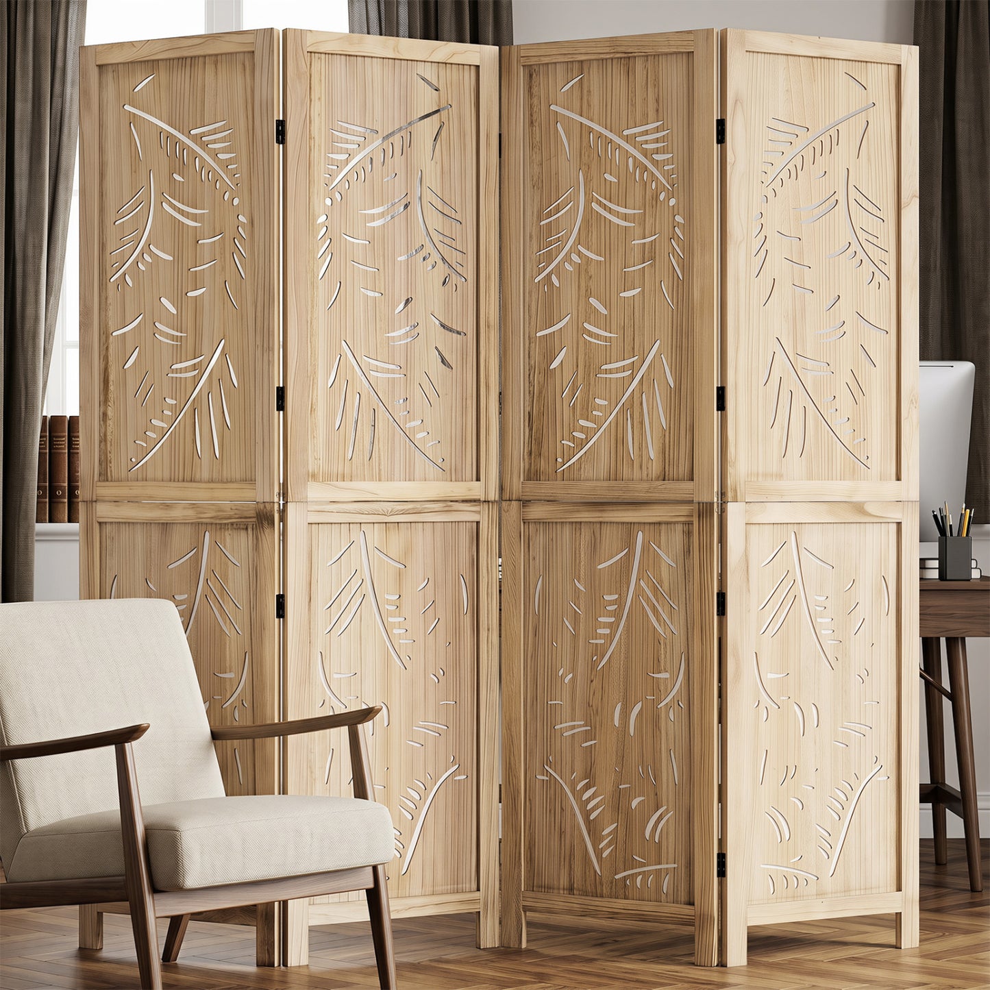 4-Panel Wooden Room Divider with Palm Leaf Design & Paulownia Frame for Home