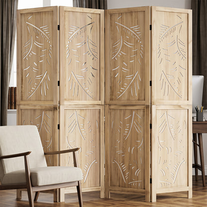 4-Panel Wooden Room Divider with Palm Leaf Design & Paulownia Frame for Home