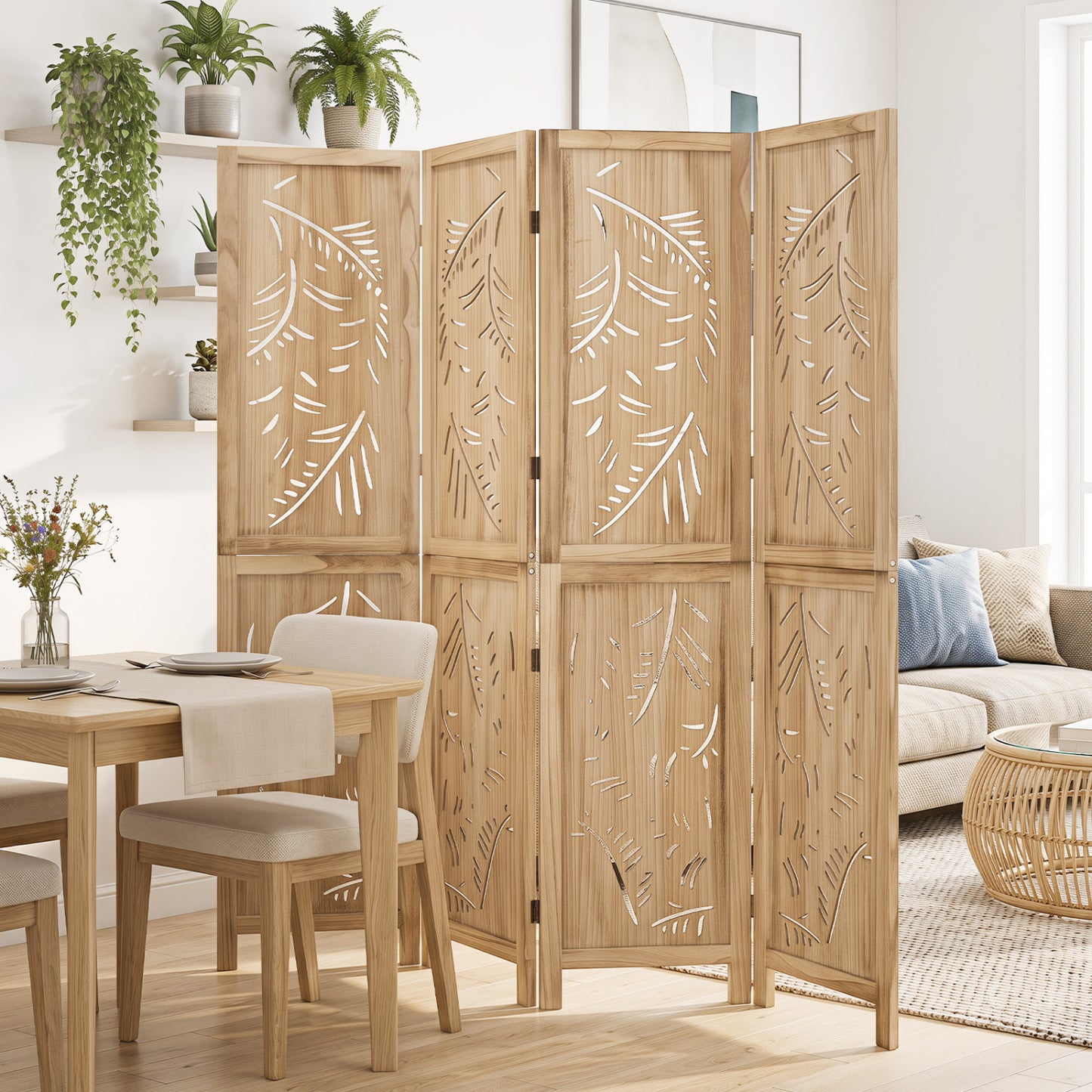 4-Panel Wooden Room Divider with Palm Leaf Design & Paulownia Frame for Home