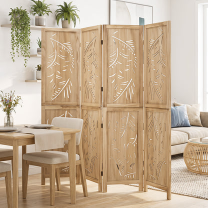 4-Panel Wooden Room Divider with Palm Leaf Design & Paulownia Frame for Home