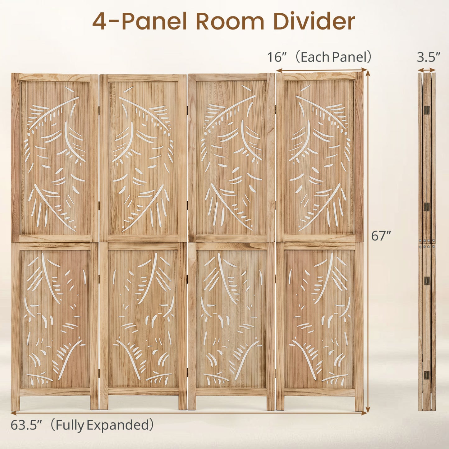 4-Panel Wooden Room Divider with Palm Leaf Design & Paulownia Frame for Home