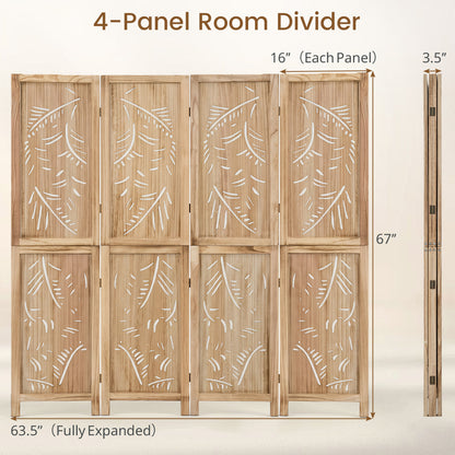 4-Panel Wooden Room Divider with Palm Leaf Design & Paulownia Frame for Home