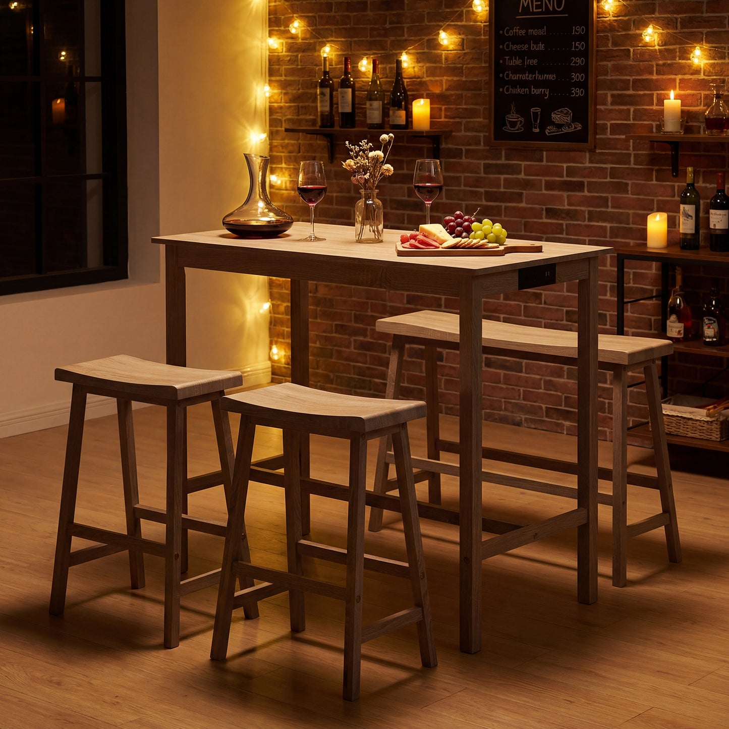 4-Piece Counter Height Dining Table Set with Power Outlet Solid Rubber Wood Kitchen Table-Light Gray