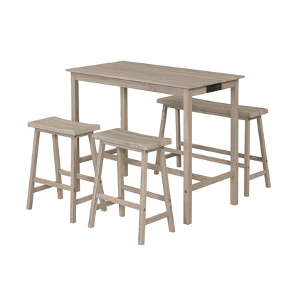 4-Piece Counter Height Dining Table Set with Power Outlet Solid Rubber Wood Kitchen Table-Light Gray