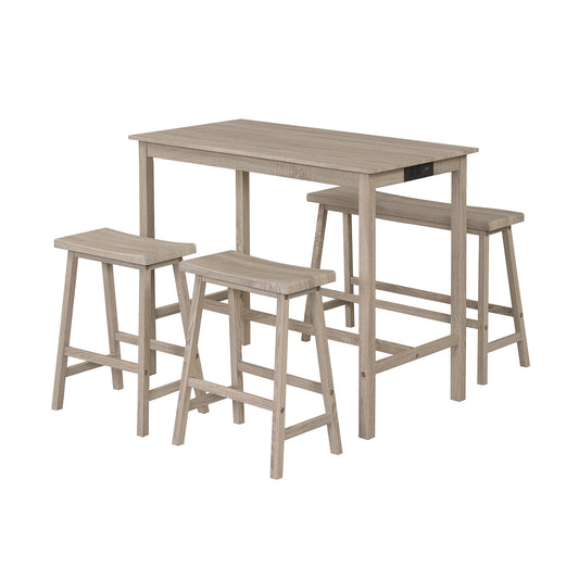 4-Piece Counter Height Dining Table Set with Power Outlet Solid Rubber Wood Kitchen Table-Light Gray