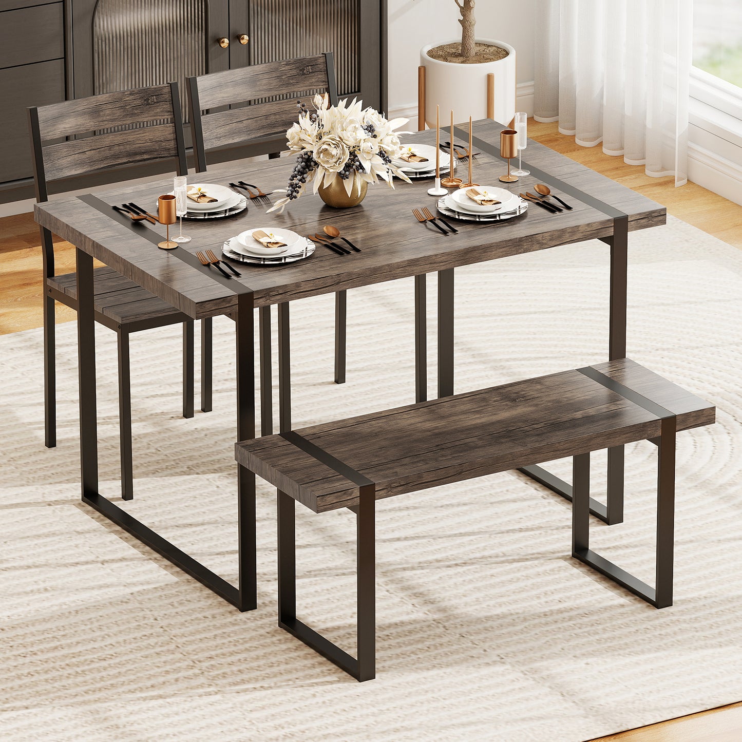 4-Piece Dining Table Set for 4 with 1 Bench and 2 Chairs-Gray
