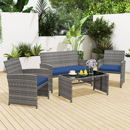 4 Piece Patio Conversation Set Rattan Chair Loveseat and Table Set-Black
