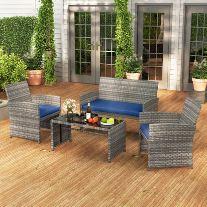 4 Piece Patio Conversation Set Rattan Chair Loveseat and Table Set-Black