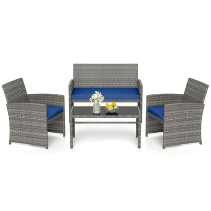 4 Piece Patio Conversation Set Rattan Chair Loveseat and Table Set-Black