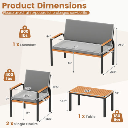 4 Piece Patio Furniture Set with Coffee Table and Loveseat with Removable Cushions-Gray