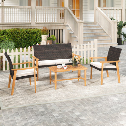 4 Piece Patio Furniture Set PE Rattan Porch Chairs with Acacia Wood Coffee Table and Soft Cushions-White