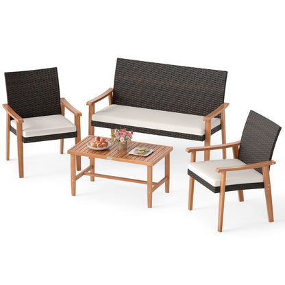4 Piece Patio Furniture Set PE Rattan Porch Chairs with Acacia Wood Coffee Table and Soft Cushions-White