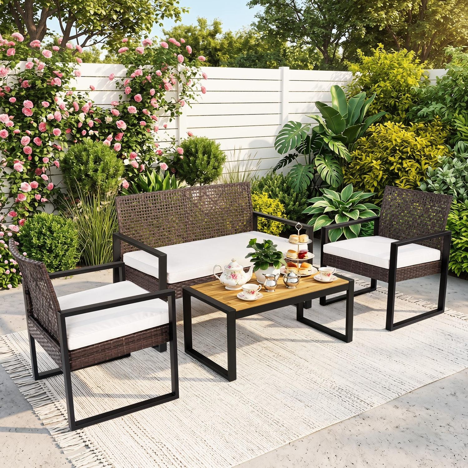 4-piece patio set with acacia coffee table and wicker chairs in brown and black, outdoor patio furniture for backyard relaxation
