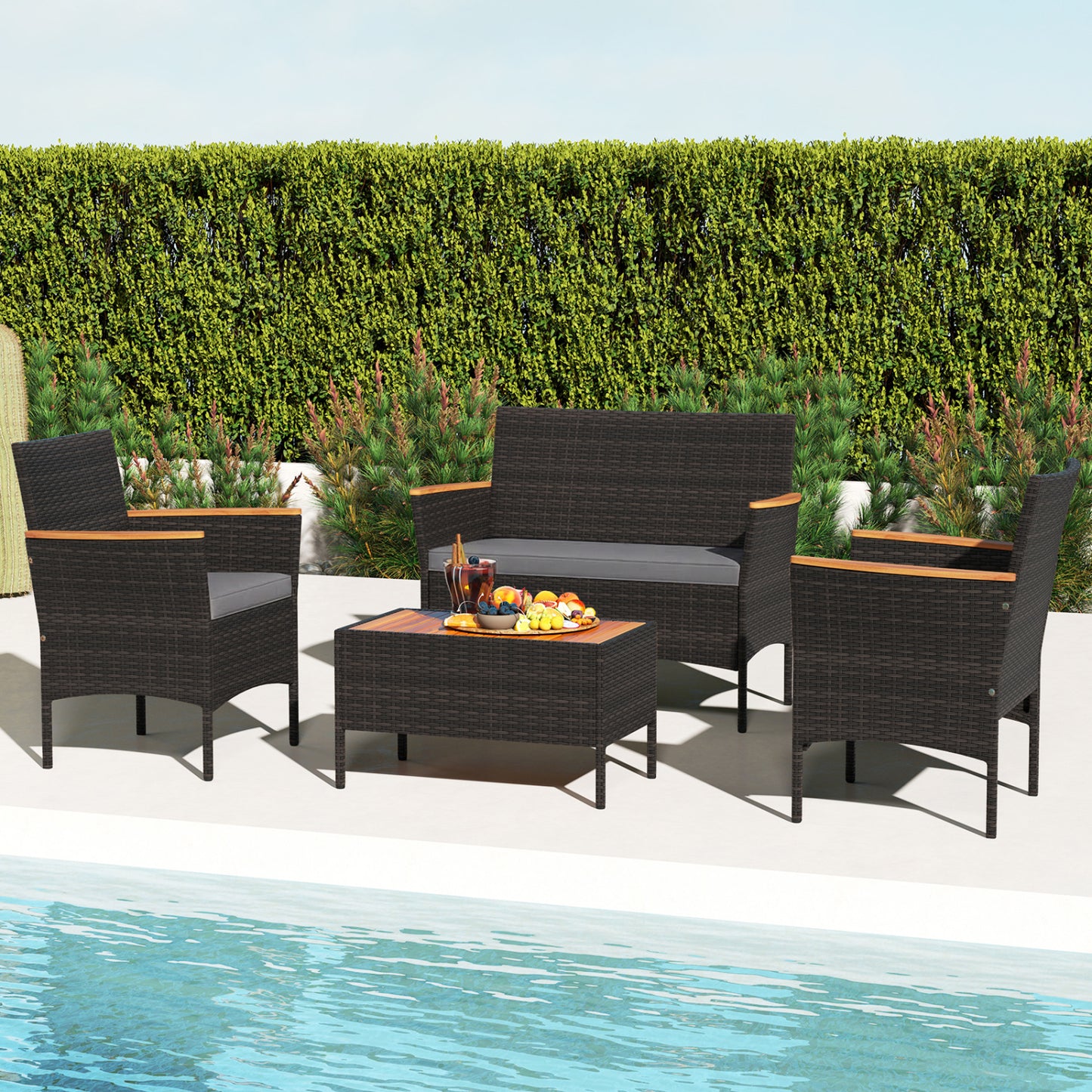 4 Piece Patio Wicker Sofa Set 2 Rattan Chairs and Loveseat with Table-Grey