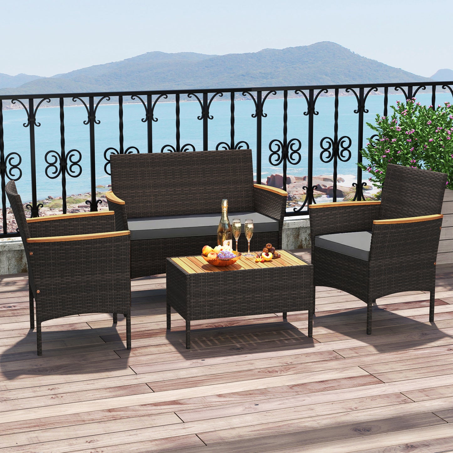 4 Piece Patio Wicker Sofa Set 2 Rattan Chairs and Loveseat with Table-Grey