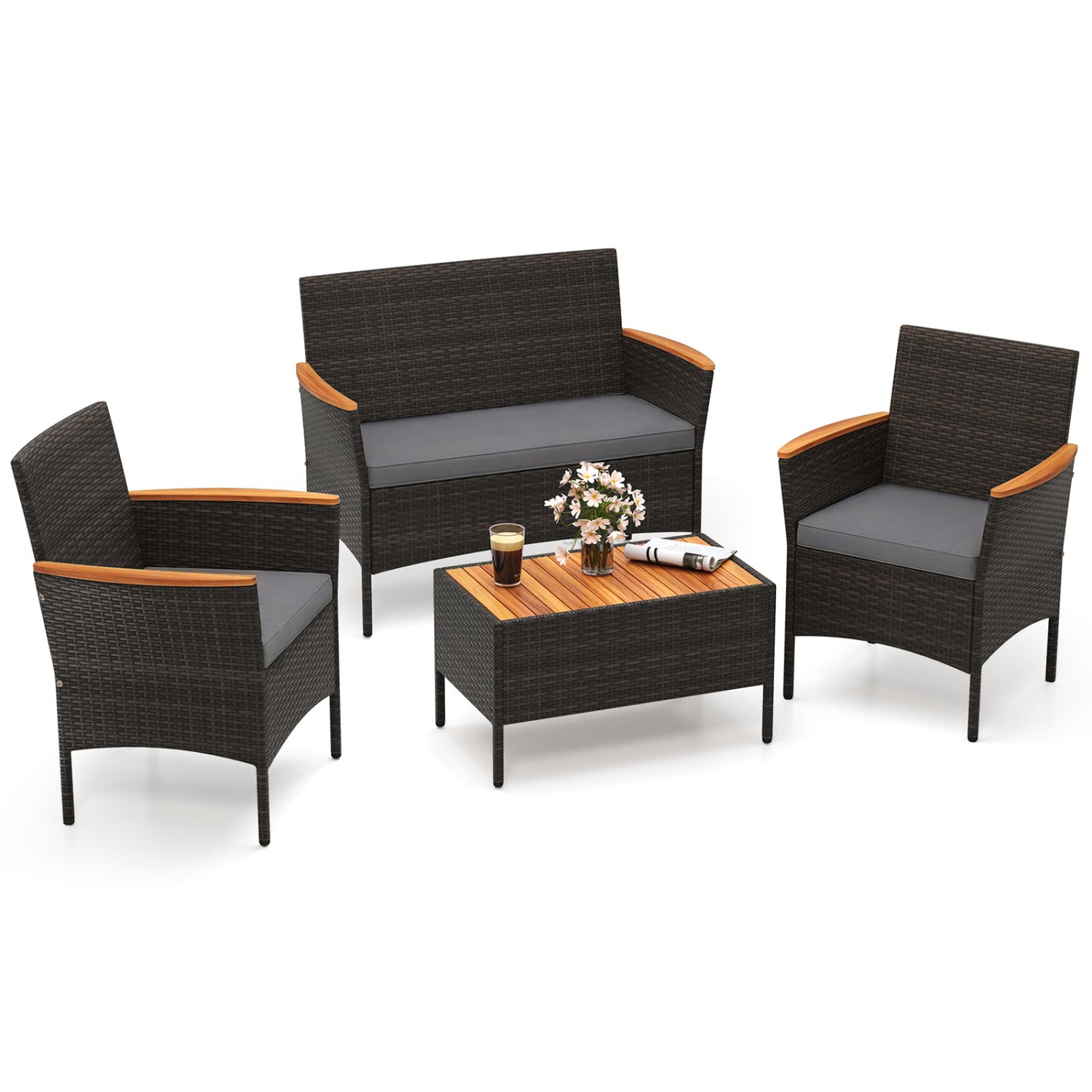 4 Piece Patio Wicker Sofa Set 2 Rattan Chairs and Loveseat with Table-Grey