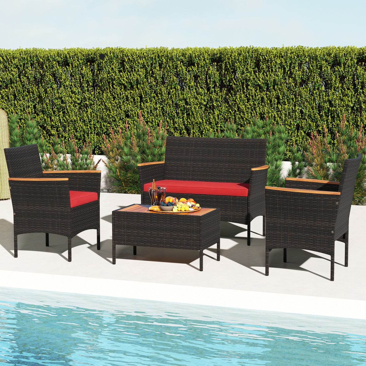 4 Piece Patio Wicker Sofa Set 2 Rattan Chairs and Loveseat with Table-Grey
