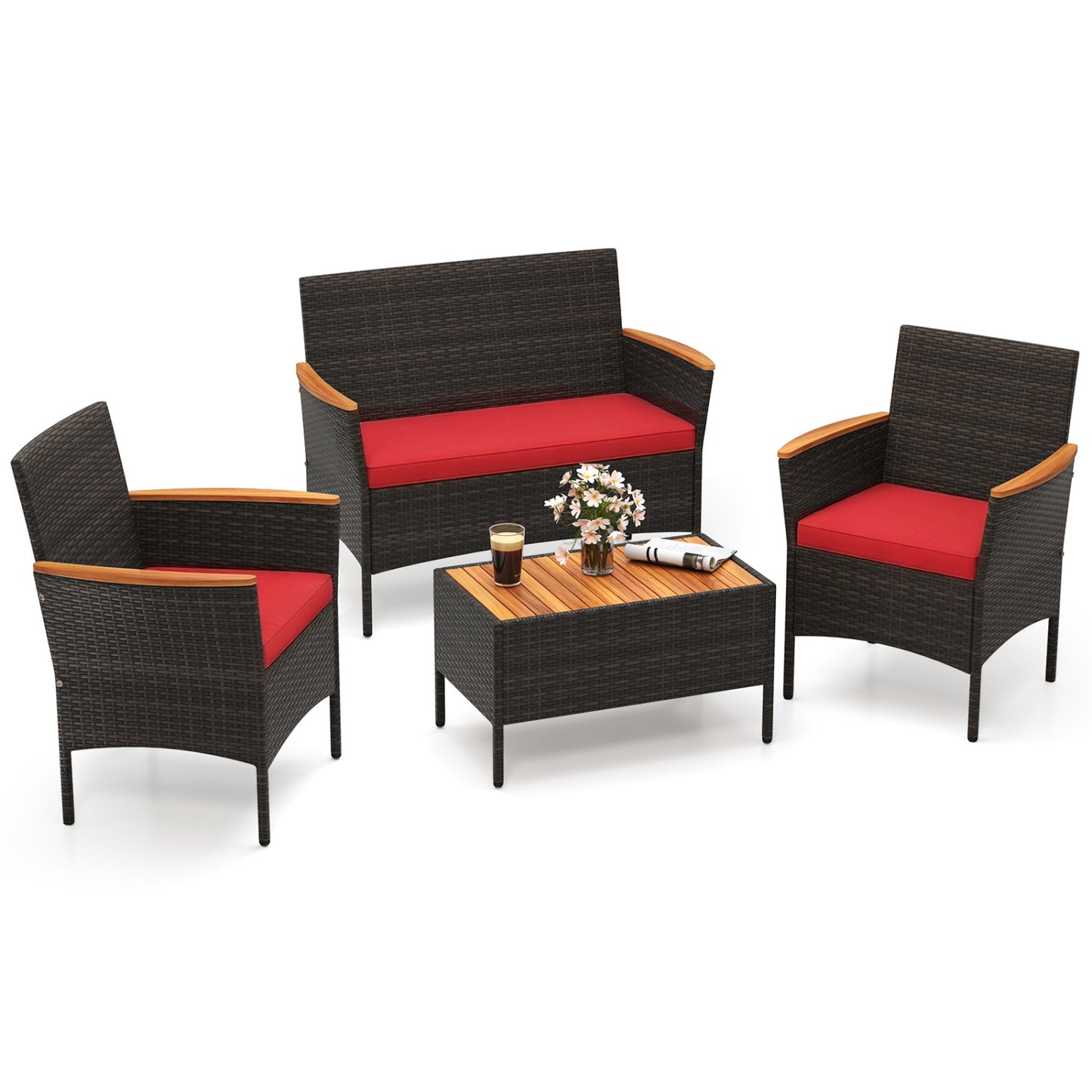 4 Piece Patio Wicker Sofa Set 2 Rattan Chairs and Loveseat with Table-Grey