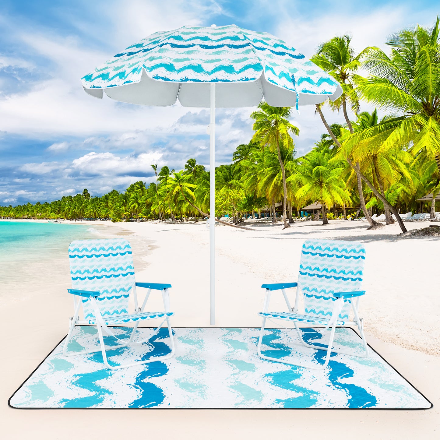 4 Pieces Beach Umbrella Set with 2 Foldable Chairs and Picnic Blanket-Blue