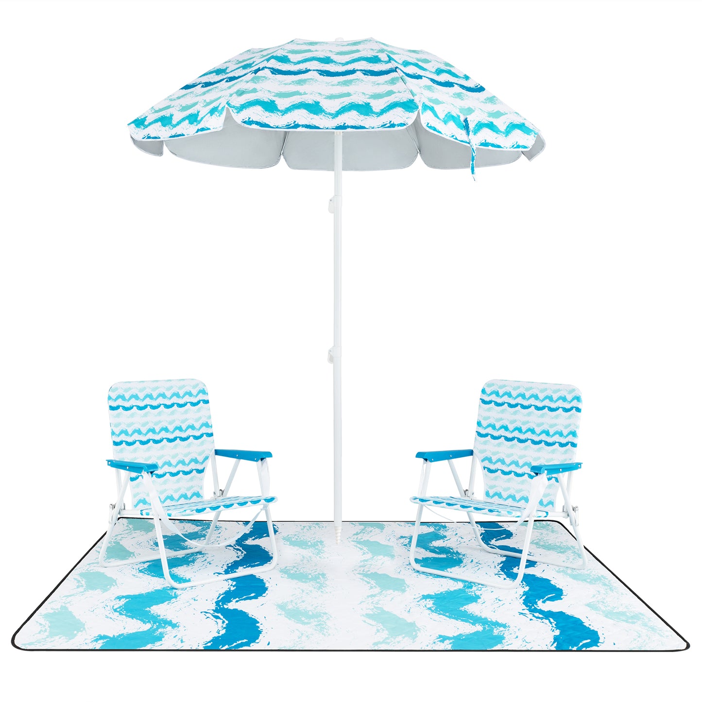 4 Pieces Beach Umbrella Set with 2 Foldable Chairs and Picnic Blanket-Blue