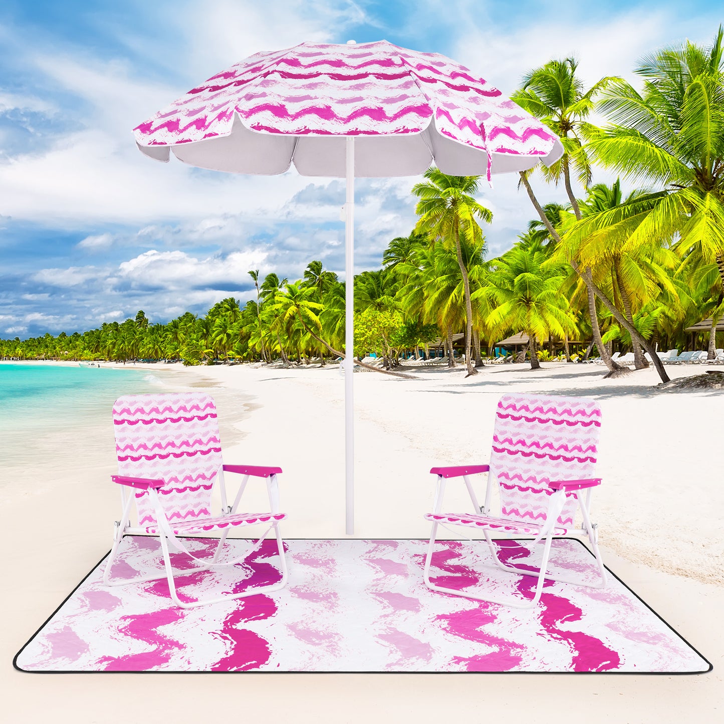 4 Pieces Beach Umbrella Set with 2 Foldable Chairs and Picnic Blanket-Blue