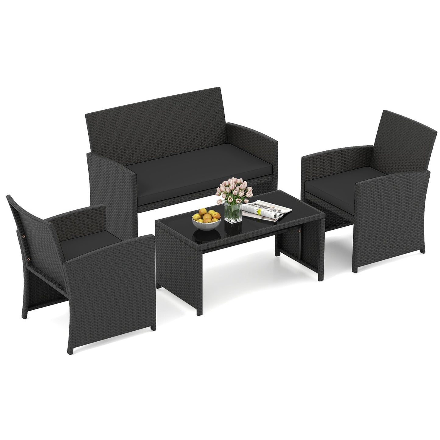 4 Pieces Patio Furniture Set with Tempered Glass Tabletop and Removable Cushion-Black