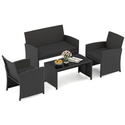 4 Pieces Patio Furniture Set with Tempered Glass Tabletop and Removable Cushion-Black