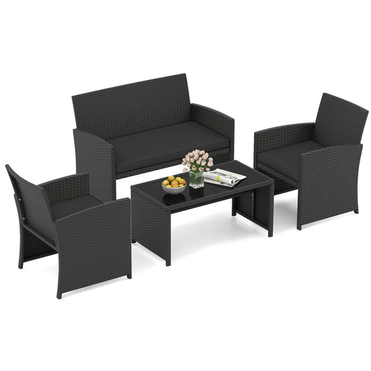 4 Pieces Patio Furniture Set with Tempered Glass Tabletop and Removable Cushion-Black