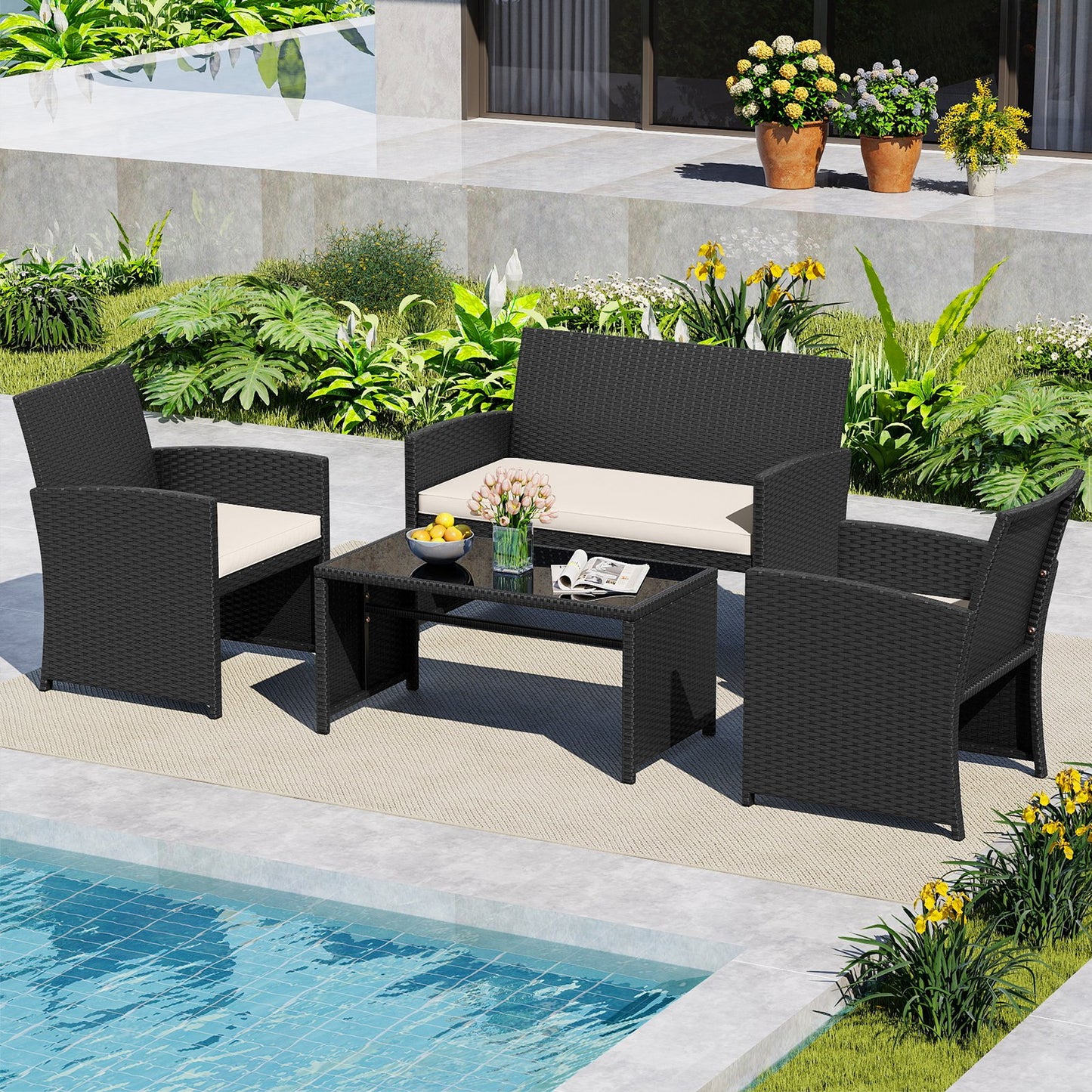 4 Pieces Patio Furniture Set with Tempered Glass Tabletop and Removable Cushion-Black