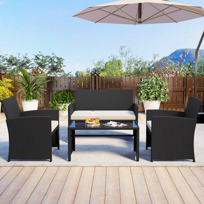 4 Pieces Patio Furniture Set with Tempered Glass Tabletop and Removable Cushion-Black