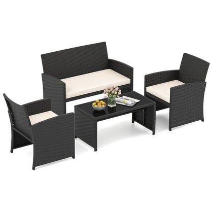 4 Pieces Patio Furniture Set with Tempered Glass Tabletop and Removable Cushion-Black