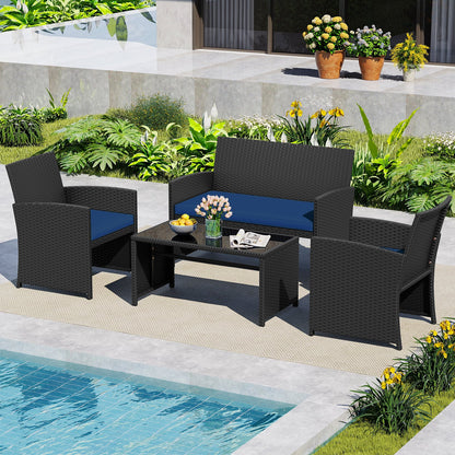 4 Pieces Patio Furniture Set with Tempered Glass Tabletop and Removable Cushion-Black