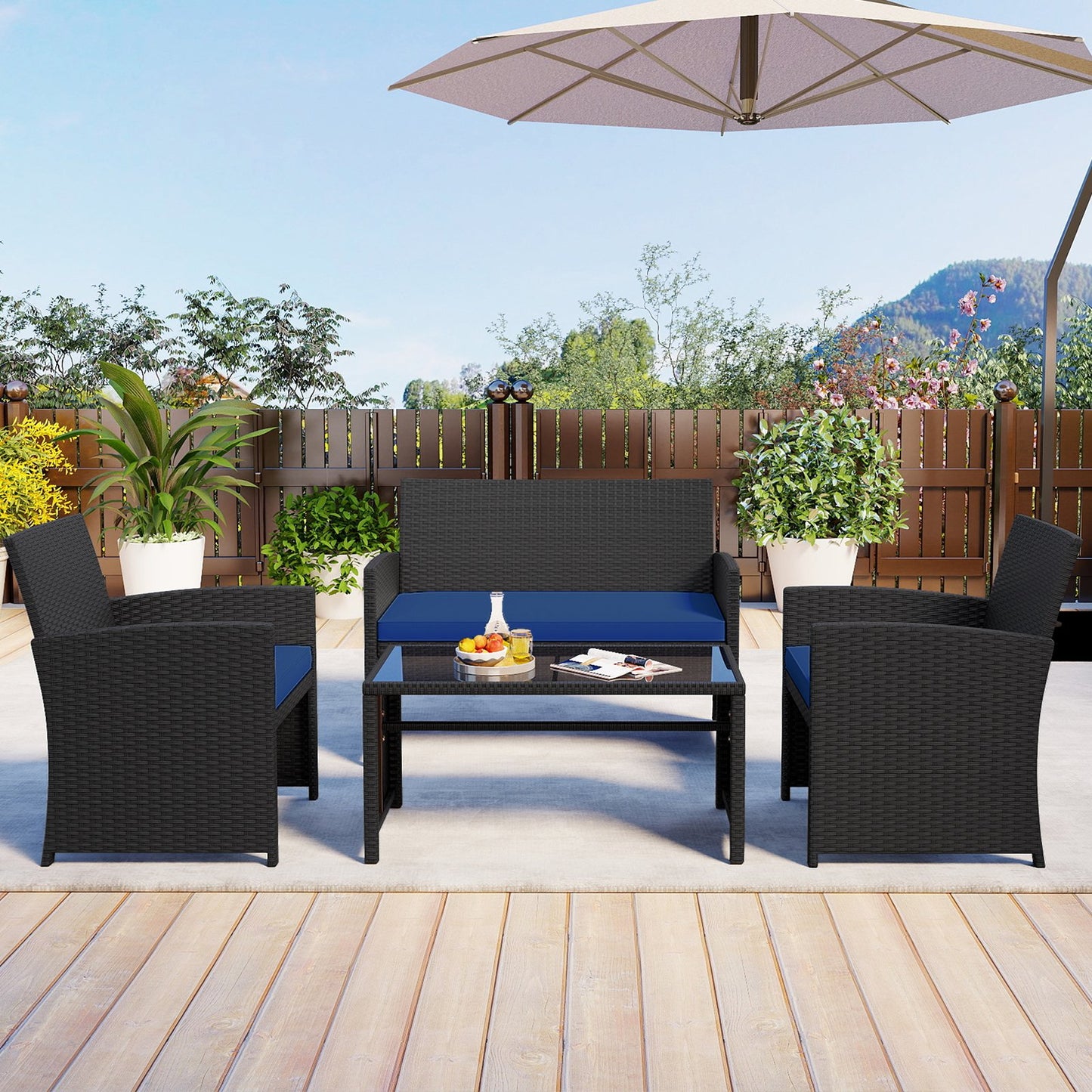 4 Pieces Patio Furniture Set with Tempered Glass Tabletop and Removable Cushion-Black