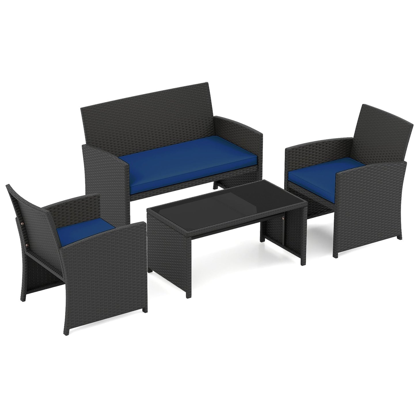 4 Pieces Patio Furniture Set with Tempered Glass Tabletop and Removable Cushion-Black
