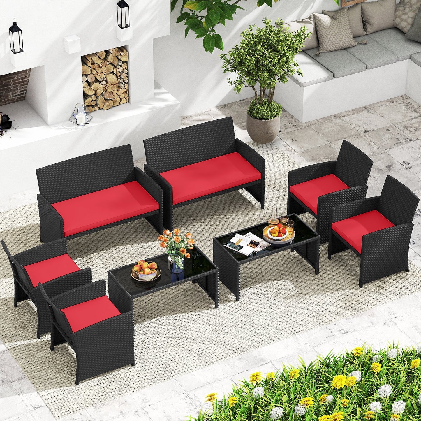 4 Pieces Patio Furniture Set with Tempered Glass Tabletop and Removable Cushion-Black