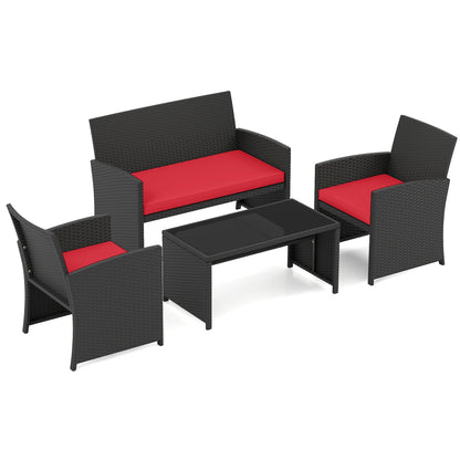 4 Pieces Patio Furniture Set with Tempered Glass Tabletop and Removable Cushion-Black