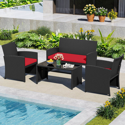 4 Pieces Patio Furniture Set with Tempered Glass Tabletop and Removable Cushion-Black