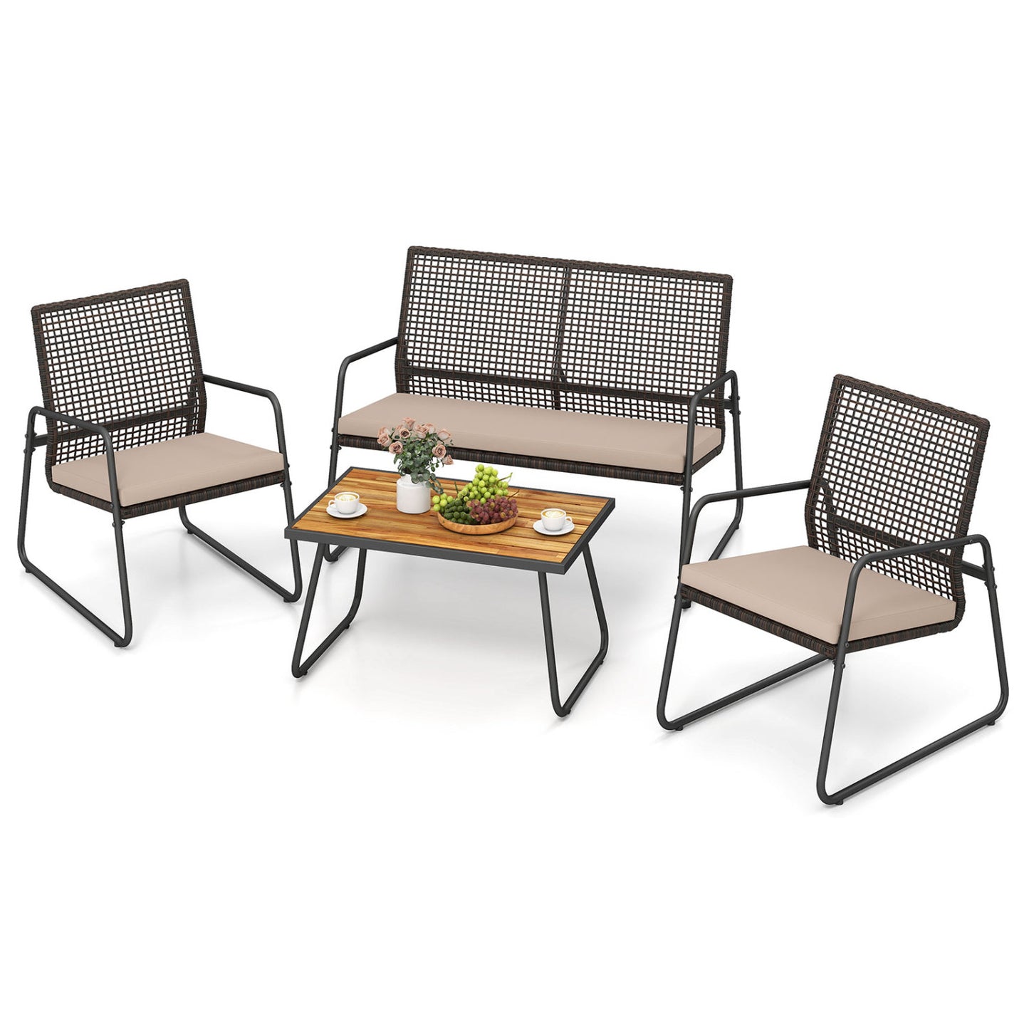 Four-piece patio furniture set with acacia wood coffee table and zippered cushions, outdoor patio furniture by Wilsons Home Store.