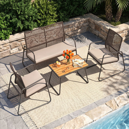 Four-piece patio furniture set with acacia wood coffee table and zippered cushions, outdoor patio furniture from Wilsons Home Store