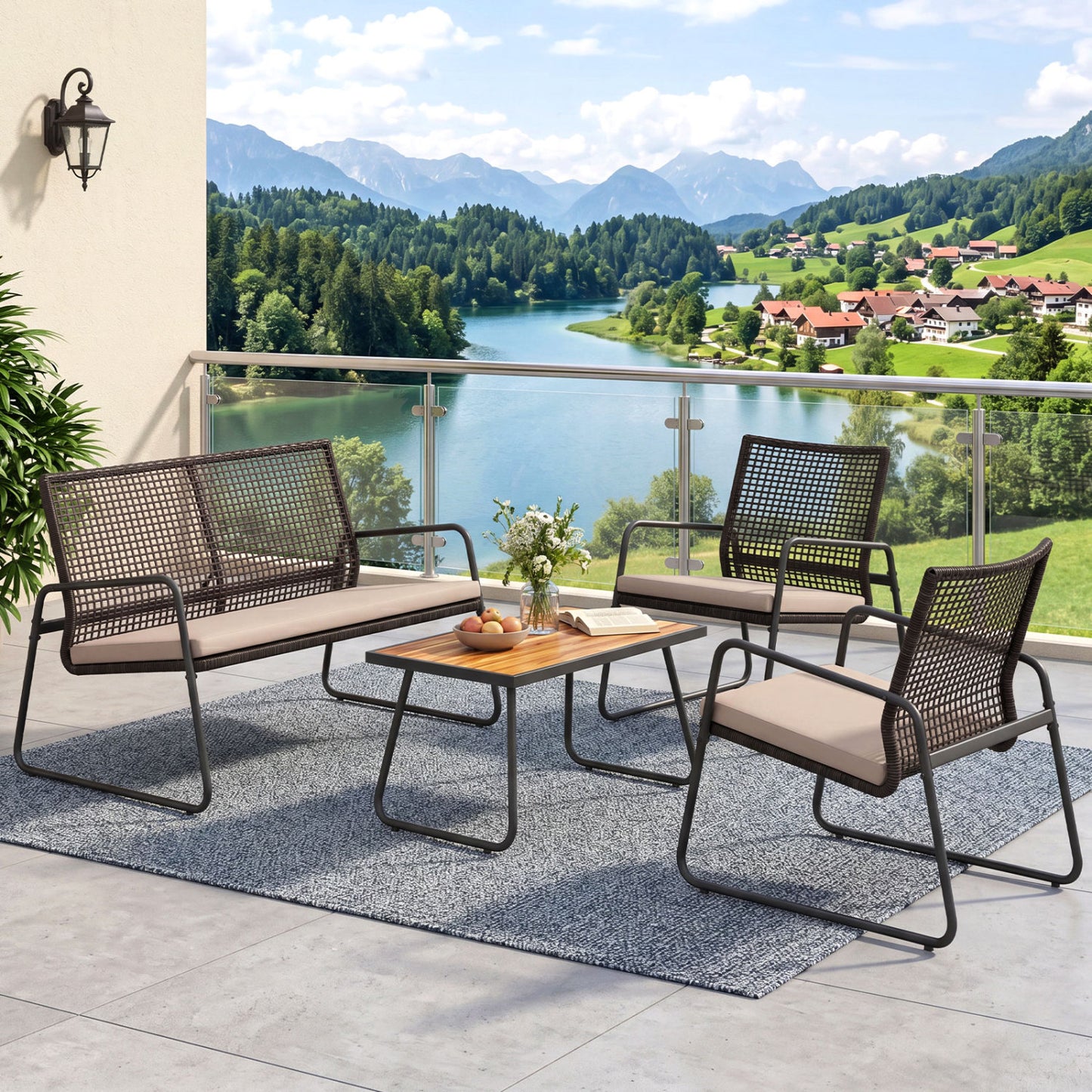 Four-piece patio furniture set with acacia wood coffee table and zippered cushions, in a mix brown finish, outdoor patio furniture.