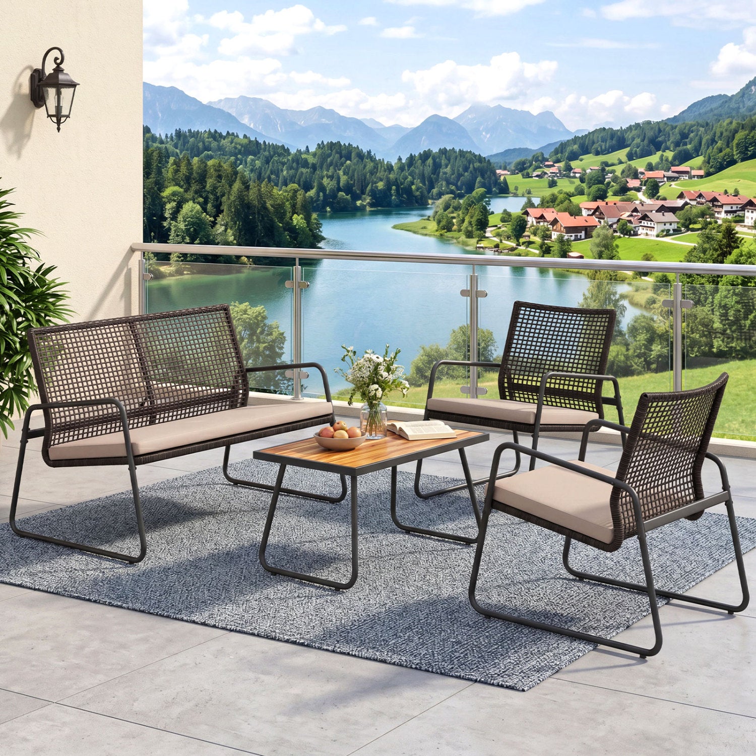 Four-piece patio furniture set with acacia wood coffee table and zippered cushions, in a mix brown finish, outdoor patio furniture.