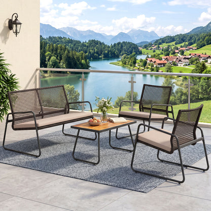 Four-piece patio furniture set with acacia wood coffee table and zippered cushions, in a mix brown finish, outdoor patio furniture.