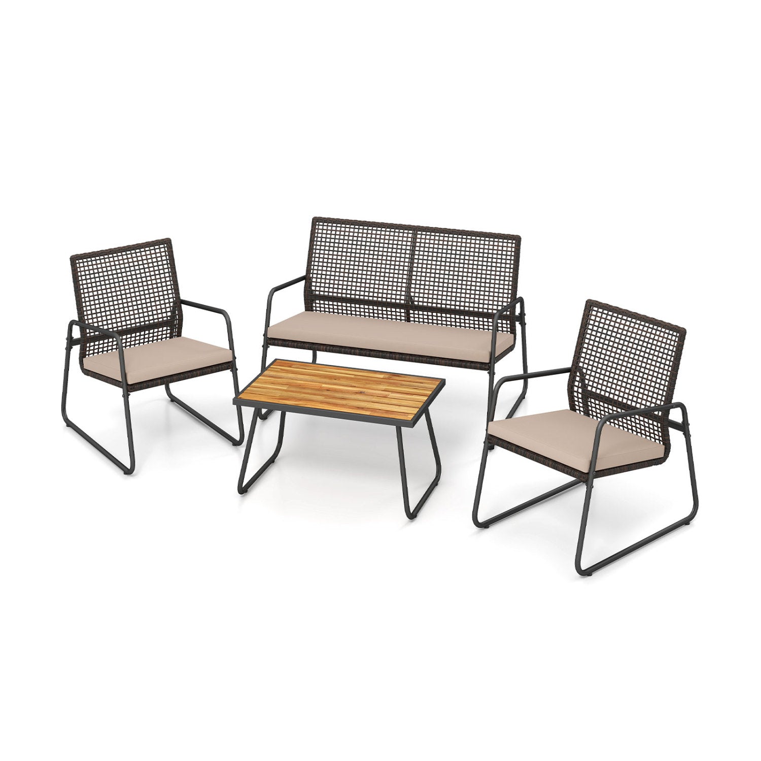 Four-piece patio furniture set with acacia wood coffee table and zippered cushions, in a mix brown outdoor patio furniture ensemble.