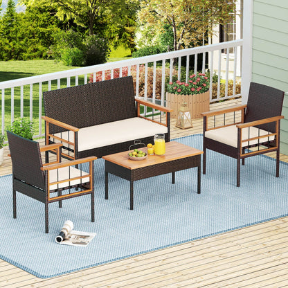4 Pieces Wicker Furniture Set with Acacia Wood Tabletop and Armrests for Porch-White