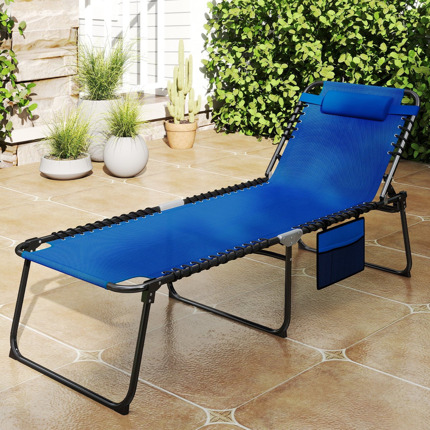 4 Position Folding Lounge Chaise with Adjustable Backrest and Footrest-Beige