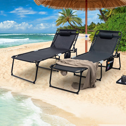 4 Position Folding Lounge Chaise with Adjustable Backrest and Footrest-Beige