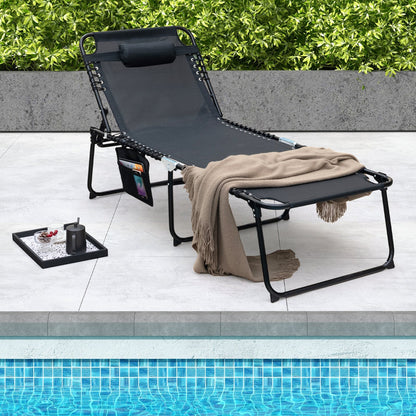 4 Position Folding Lounge Chaise with Adjustable Backrest and Footrest-Beige